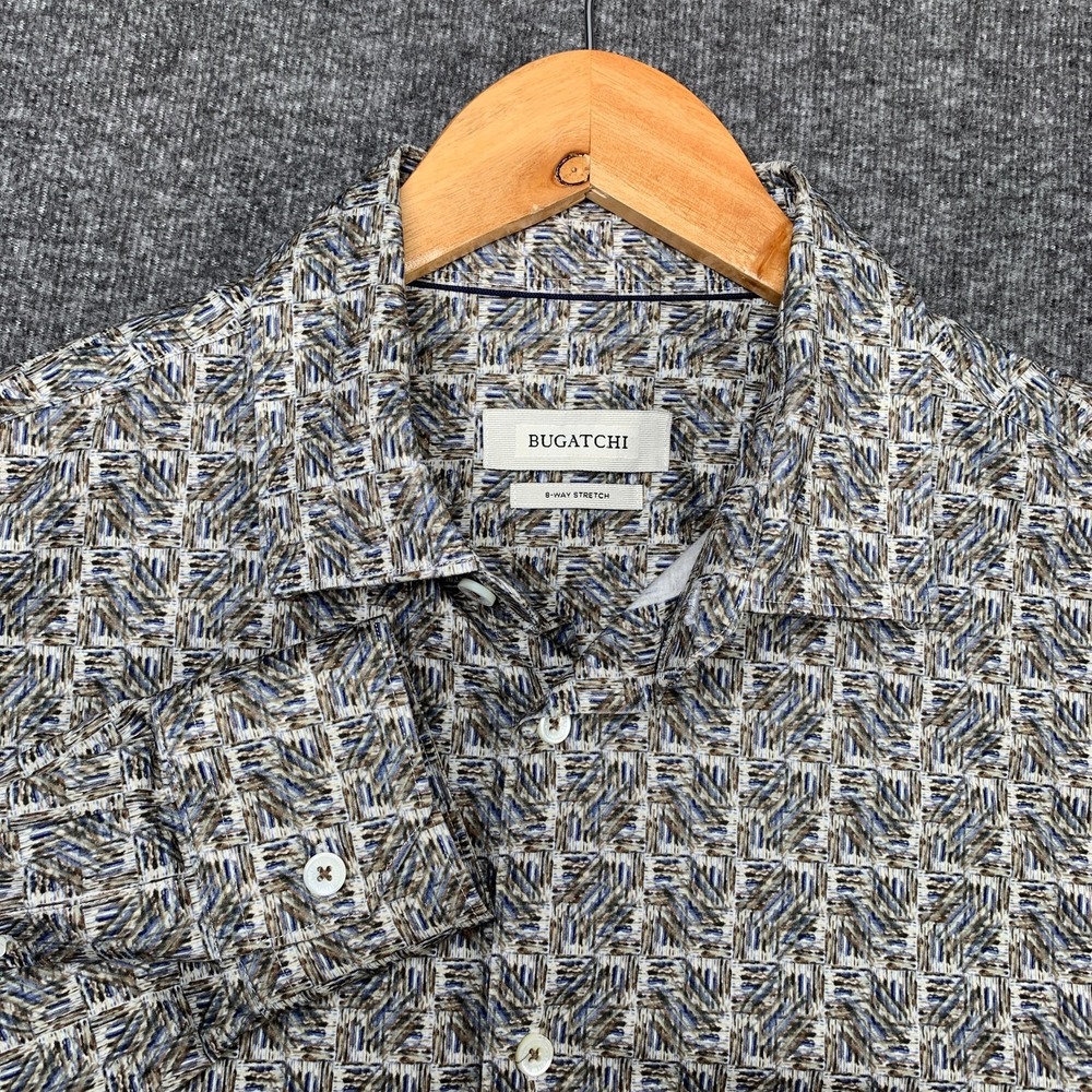 Bugatchi 8 Way Stretch Shirt Men Large Beige Abstract Performance Flamboyant